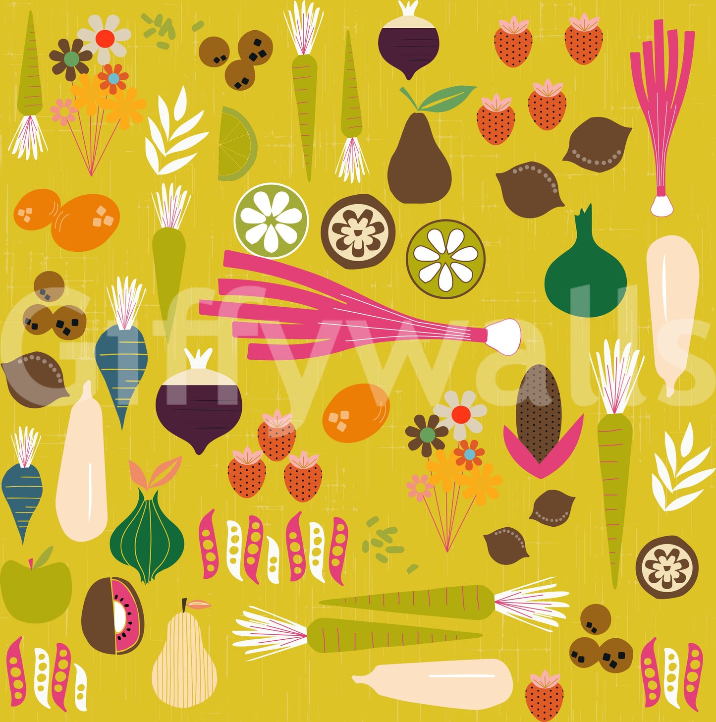 Detailed view of leeks and carrots on the mustard vegetable wallpaper., GD9942