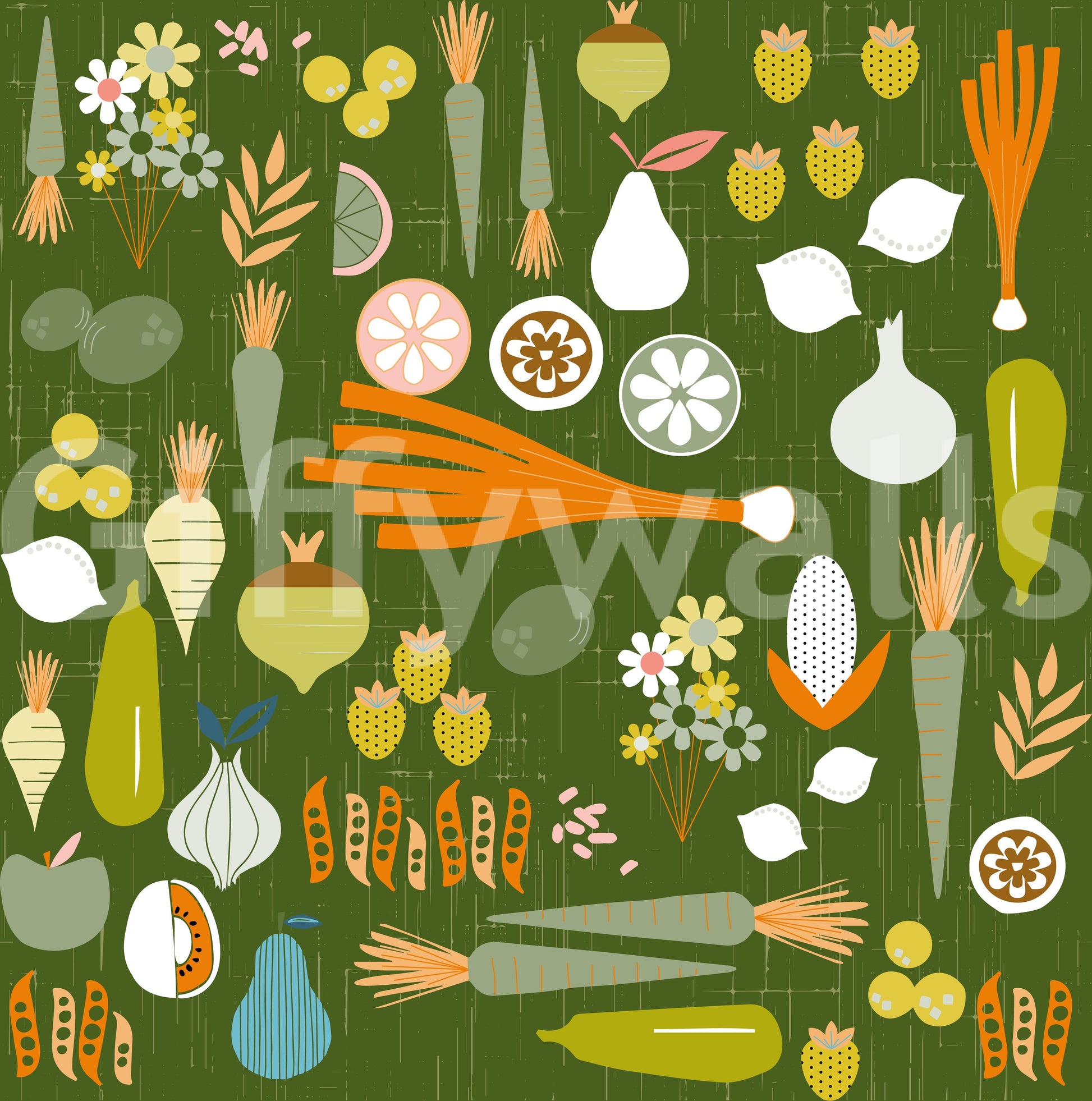 Close-up of the Olive Green Vegetable Wallpaper pattern., GD9943