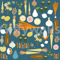 Crisp white botanical accents pop on the deep background of the vegetable wallpaper.