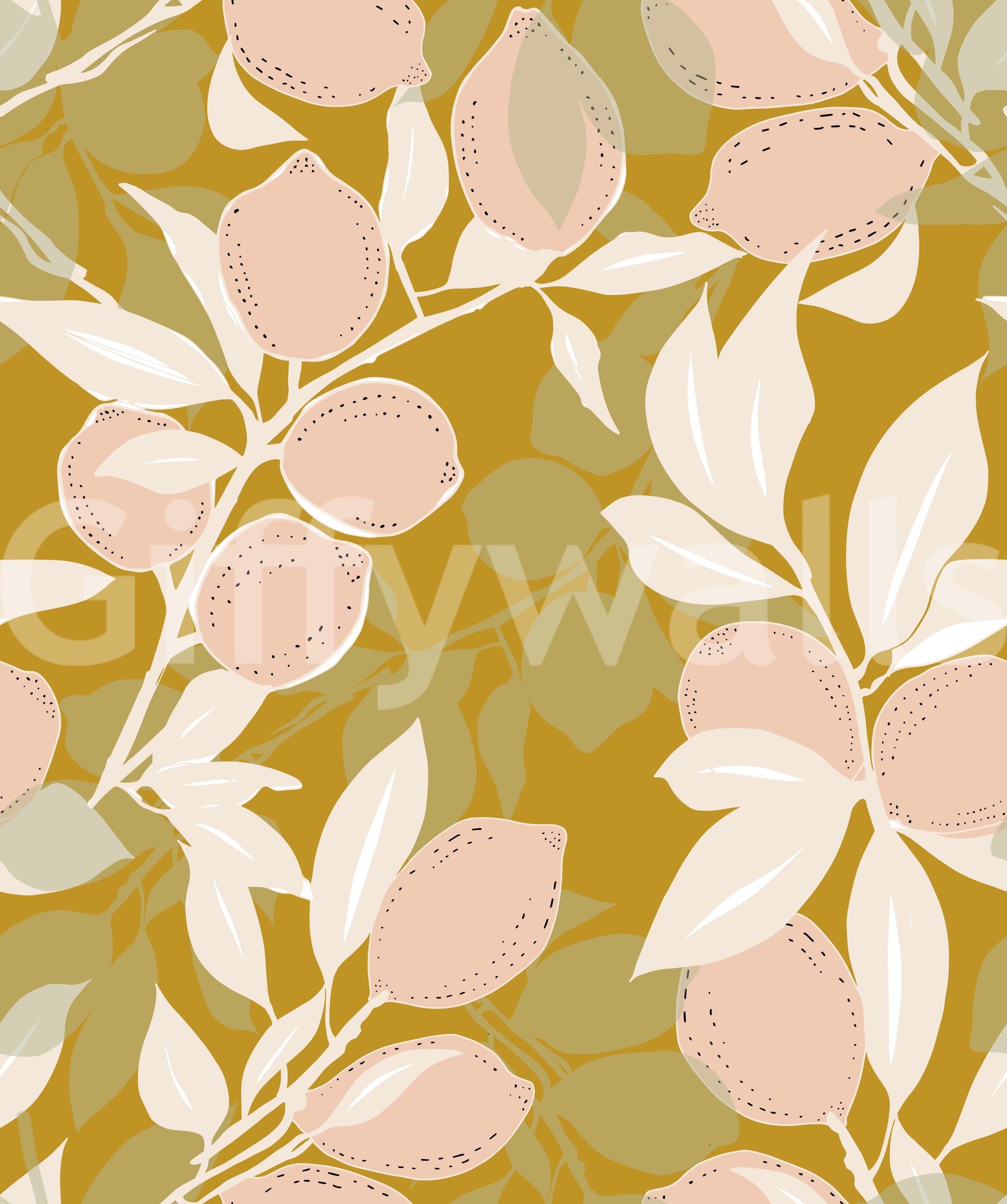Close up view of the pale pink fruits on the Mustard Lemon wallpaper surface., GD9968
