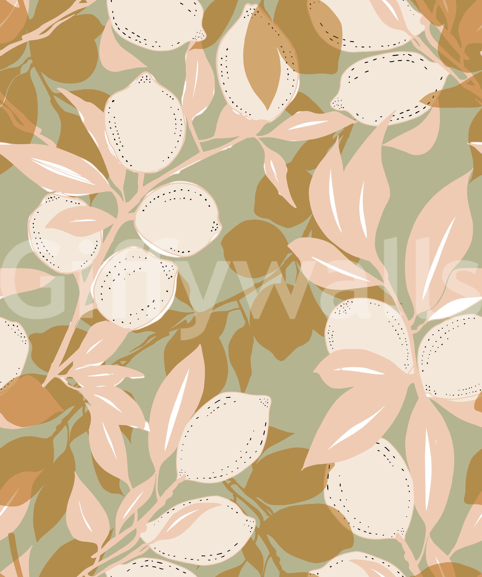 Botanical foliage and fruit detail of a Sage Lemon wallpaper., GD9969