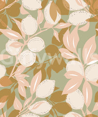Botanical foliage and fruit detail of a Sage Lemon wallpaper., GD9969