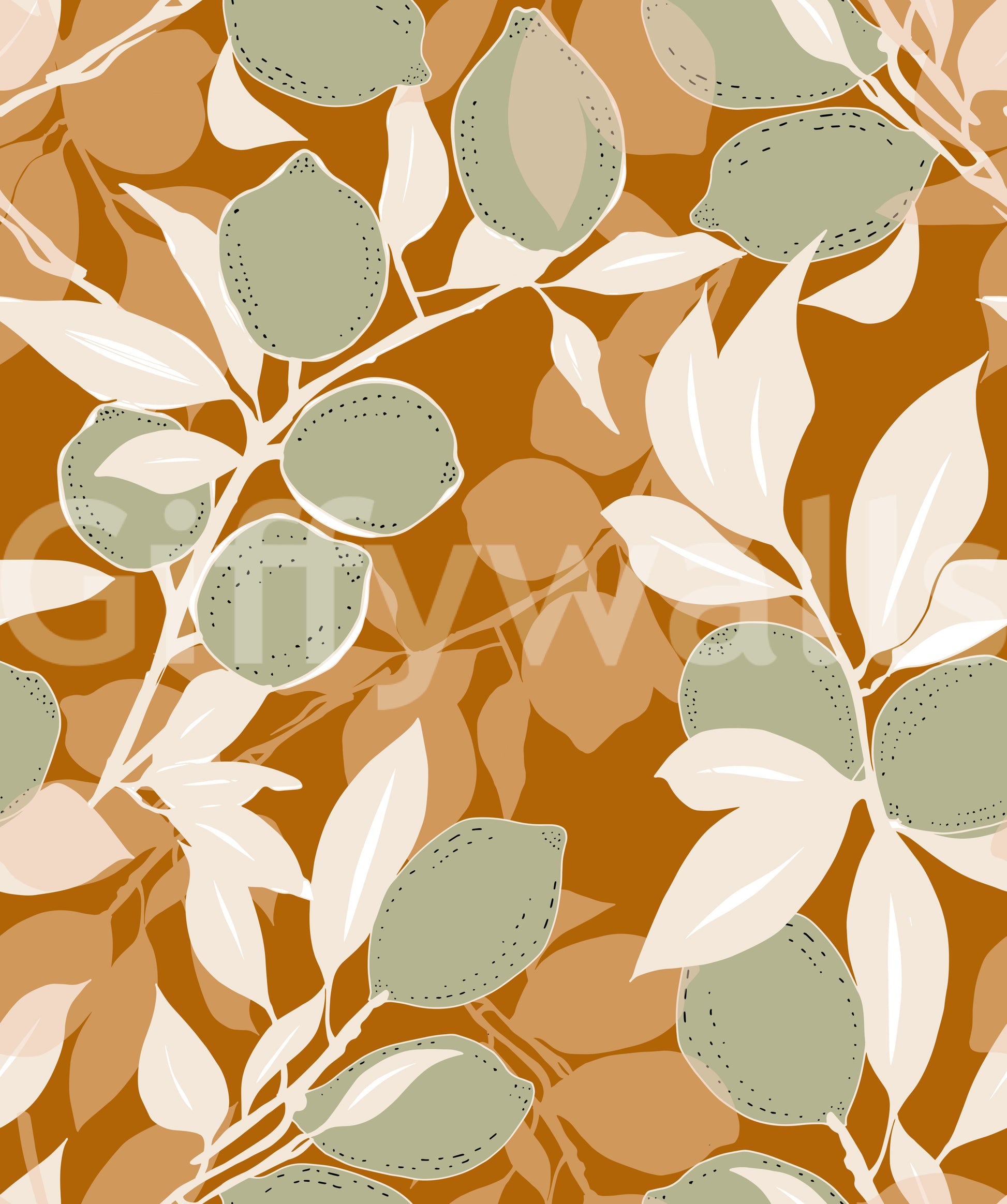 Detailed view of sage green lemons on a terracotta wallpaper.