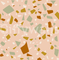 Close up of Peach Sage Terrazzo wallpaper showing stone flecks.