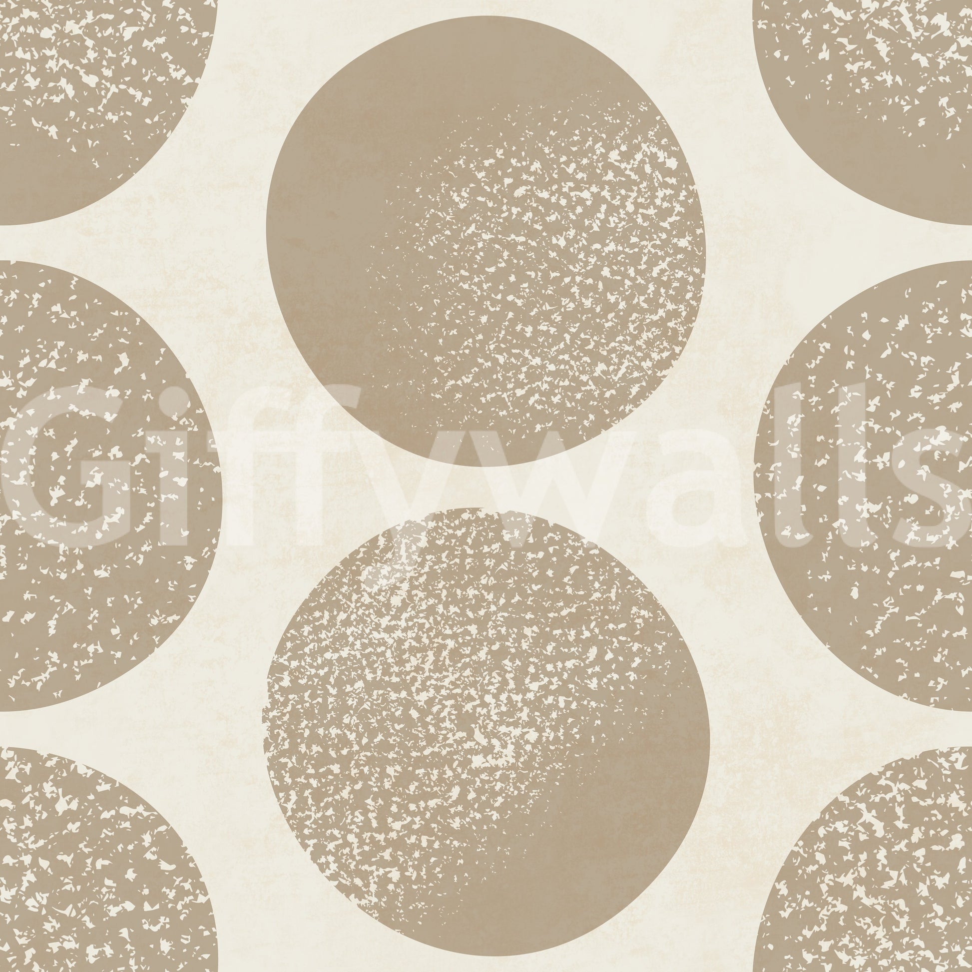 Wallpaper showing large polka dot circles with stippled texture in beige and cream.