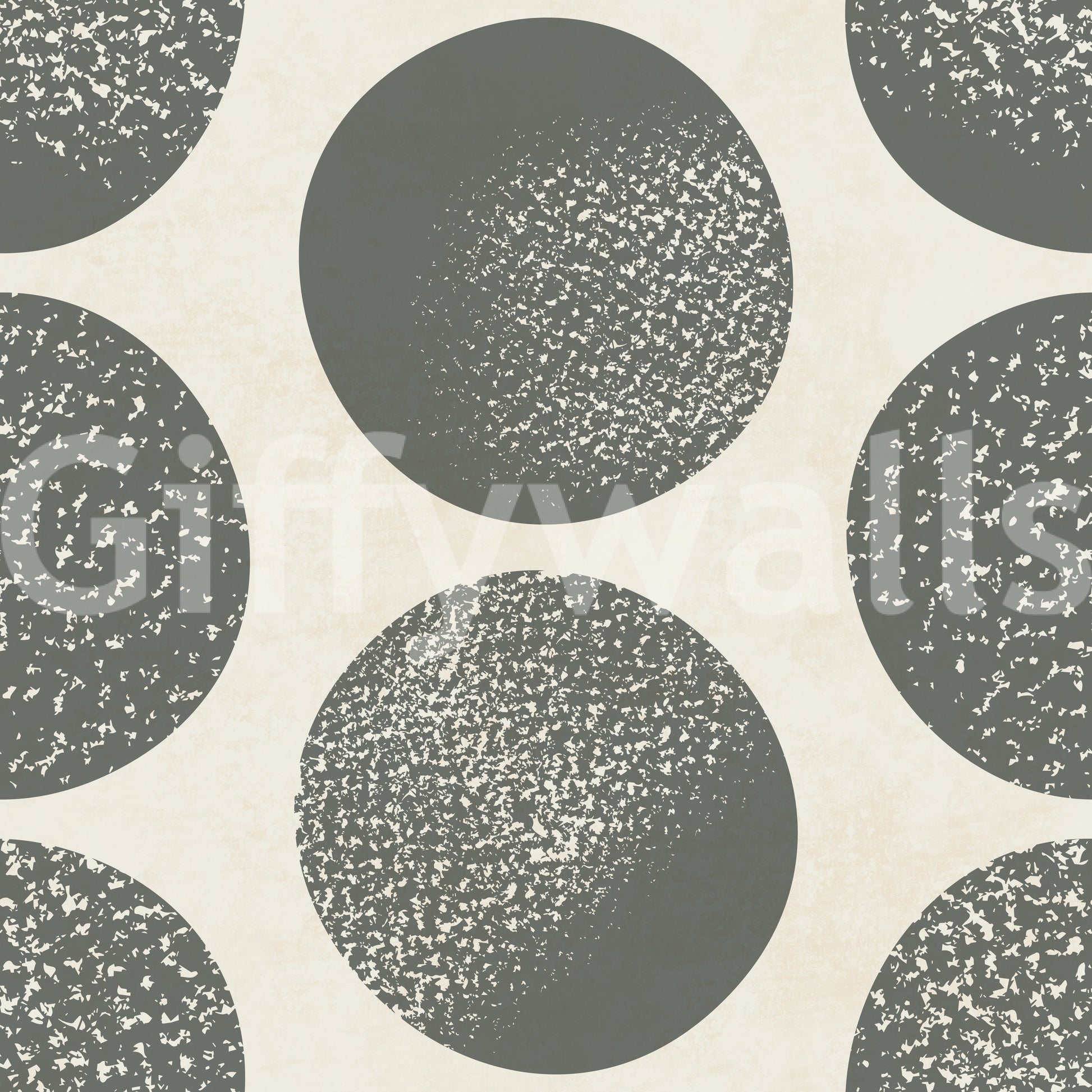 Geometric wallpaper featuring stippled circles in slate grey and cream base.