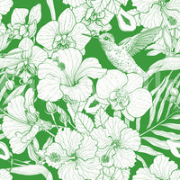 White flower heads and botanical line details on green wallpaper., GD10008