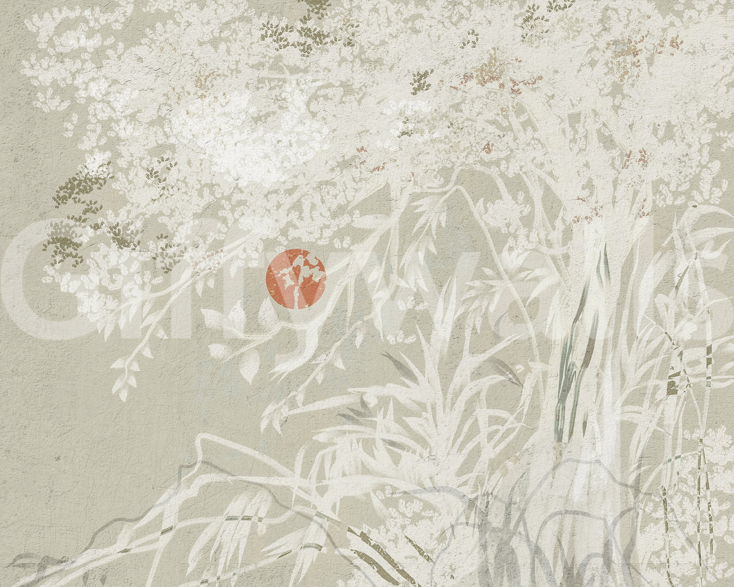 Oriental Botanical Wall Mural base with red moon., GD10015