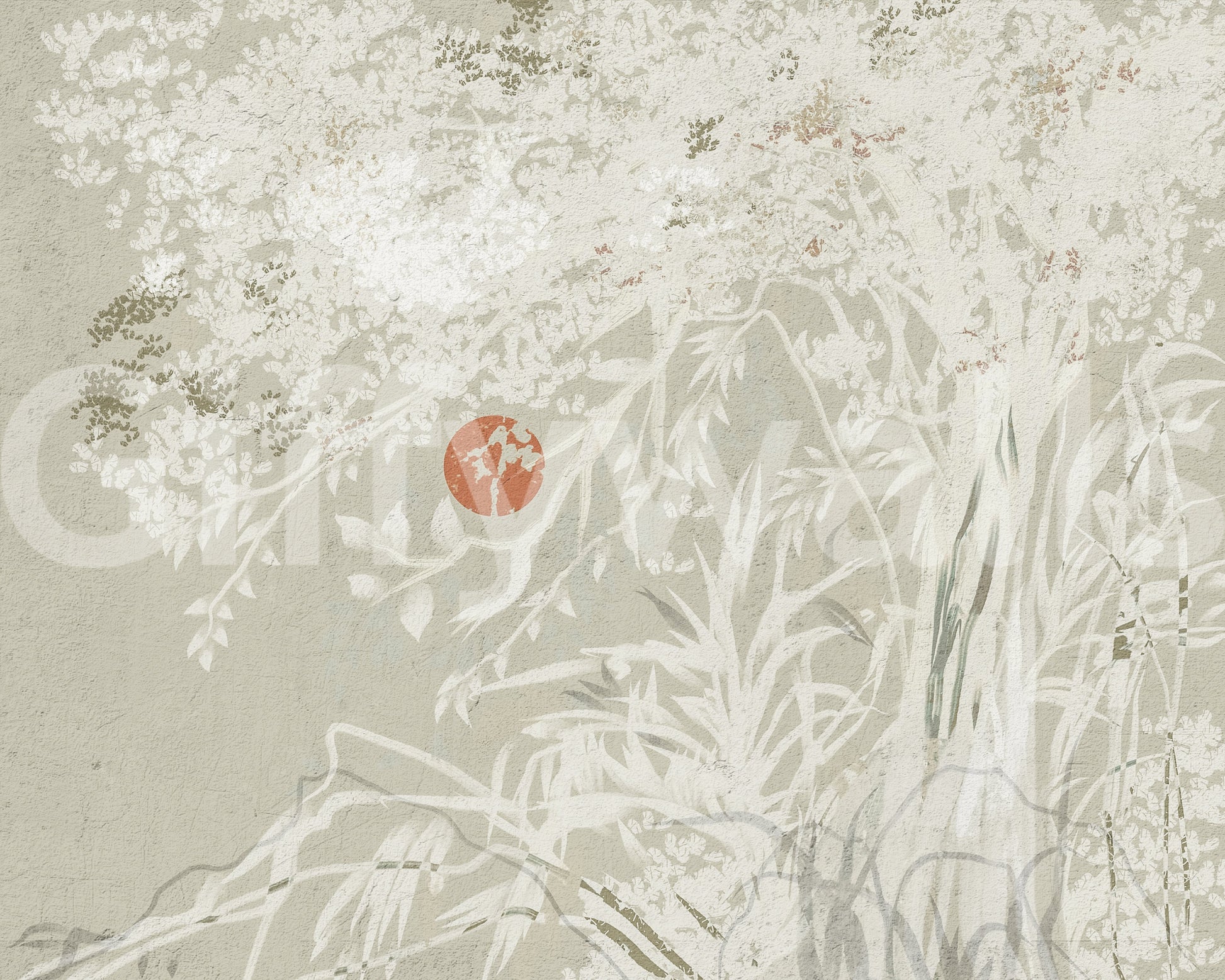 Oriental Botanical Wall Mural base with red moon., GD10015