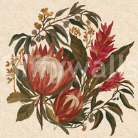Exotic earth blooms protea ginger lili wall mural in red and beige tones.