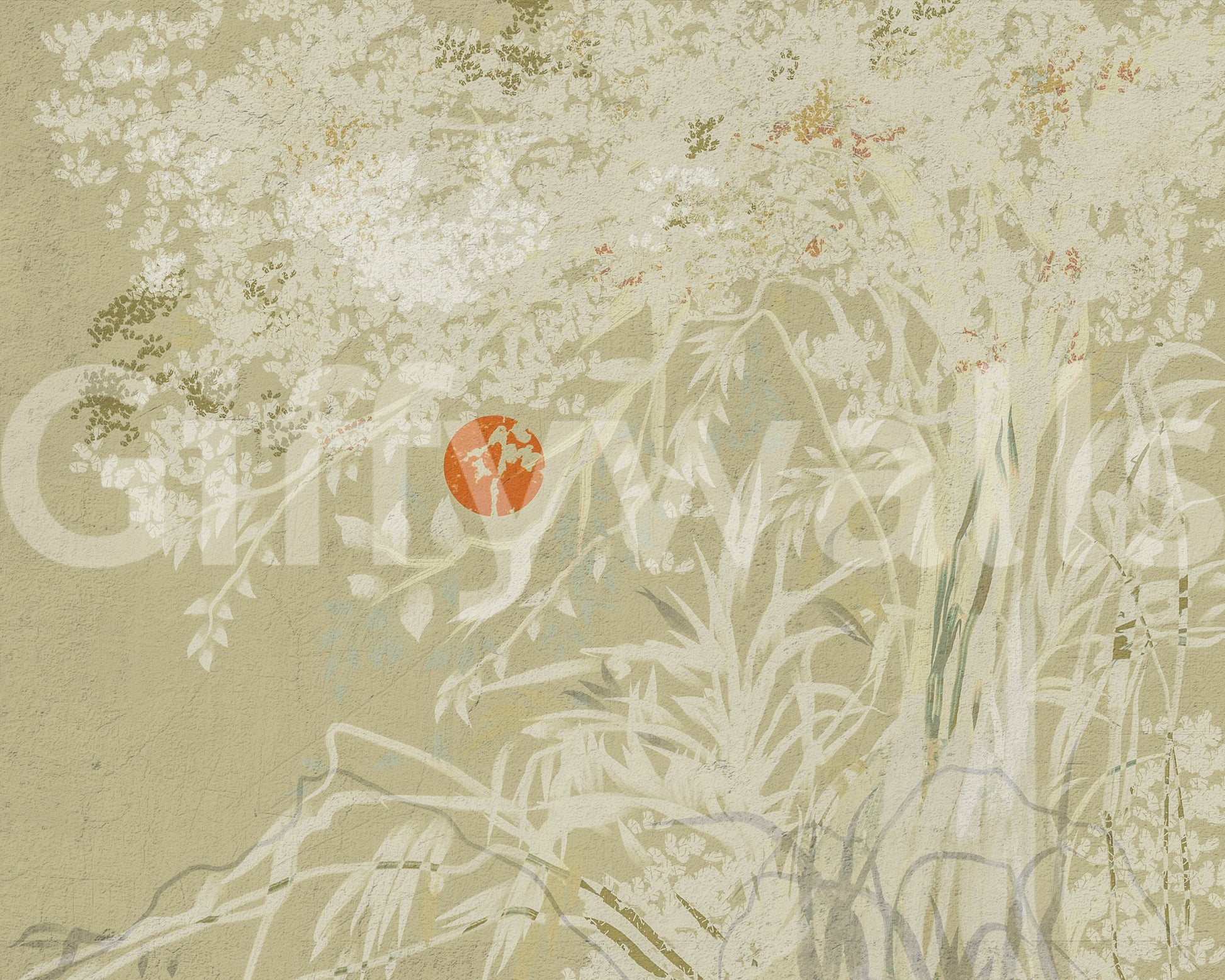 Textured white wall mural with red sun and botanical leaf patterns.