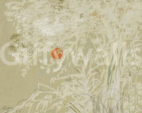 Textured white wall mural with red sun and botanical leaf patterns.
