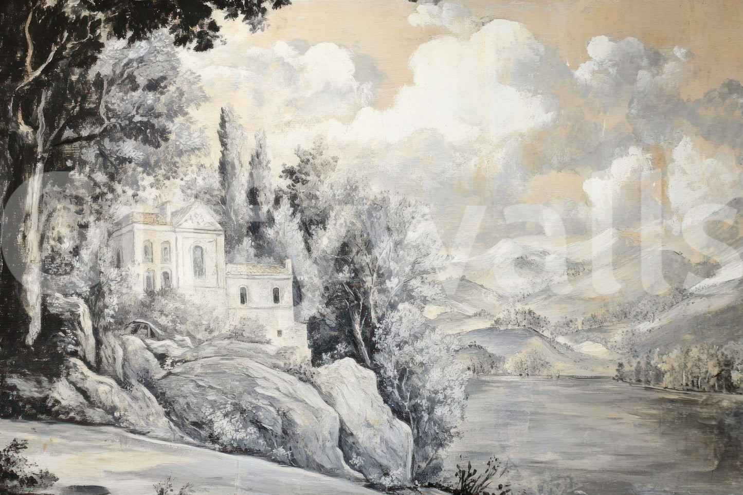 Art style mountain range and lakeside building design wall mural.