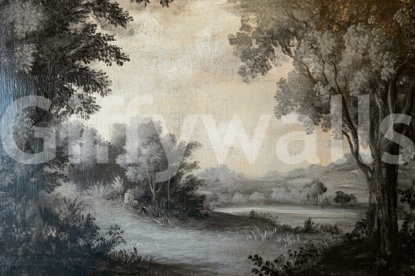 Minimalist grey landscape wall mural with painterly textures and hill silhouettes., GD10019