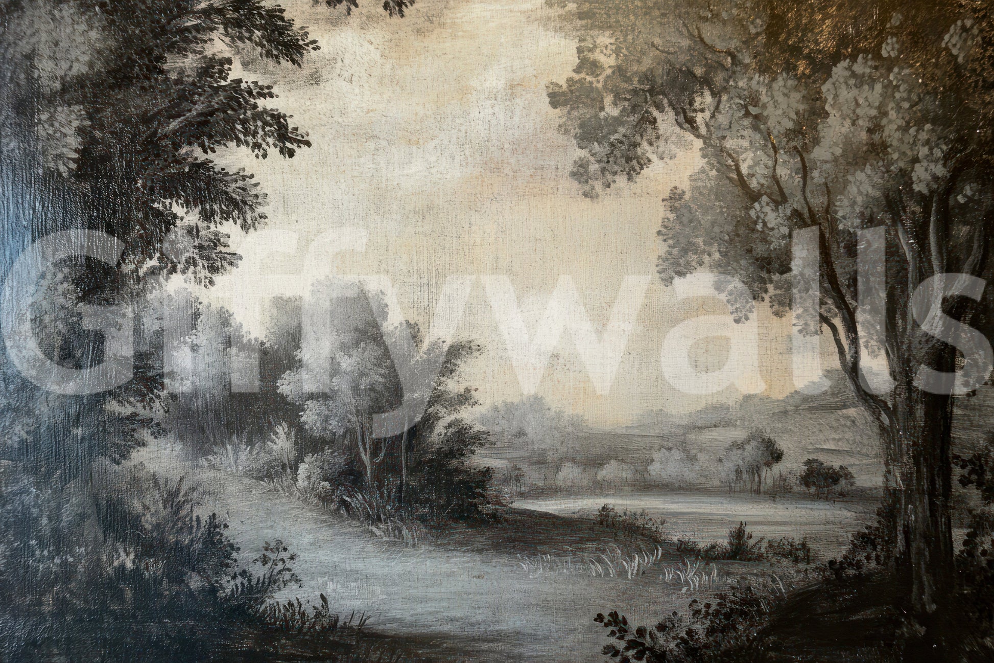 Minimalist grey landscape wall mural with painterly textures and hill silhouettes., GD10019
