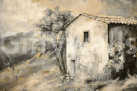 Neutral colour retreat wall mural with textured brush strokes and house scene.