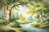Artistic woodland scenery with green bushes and blue water wall mural.