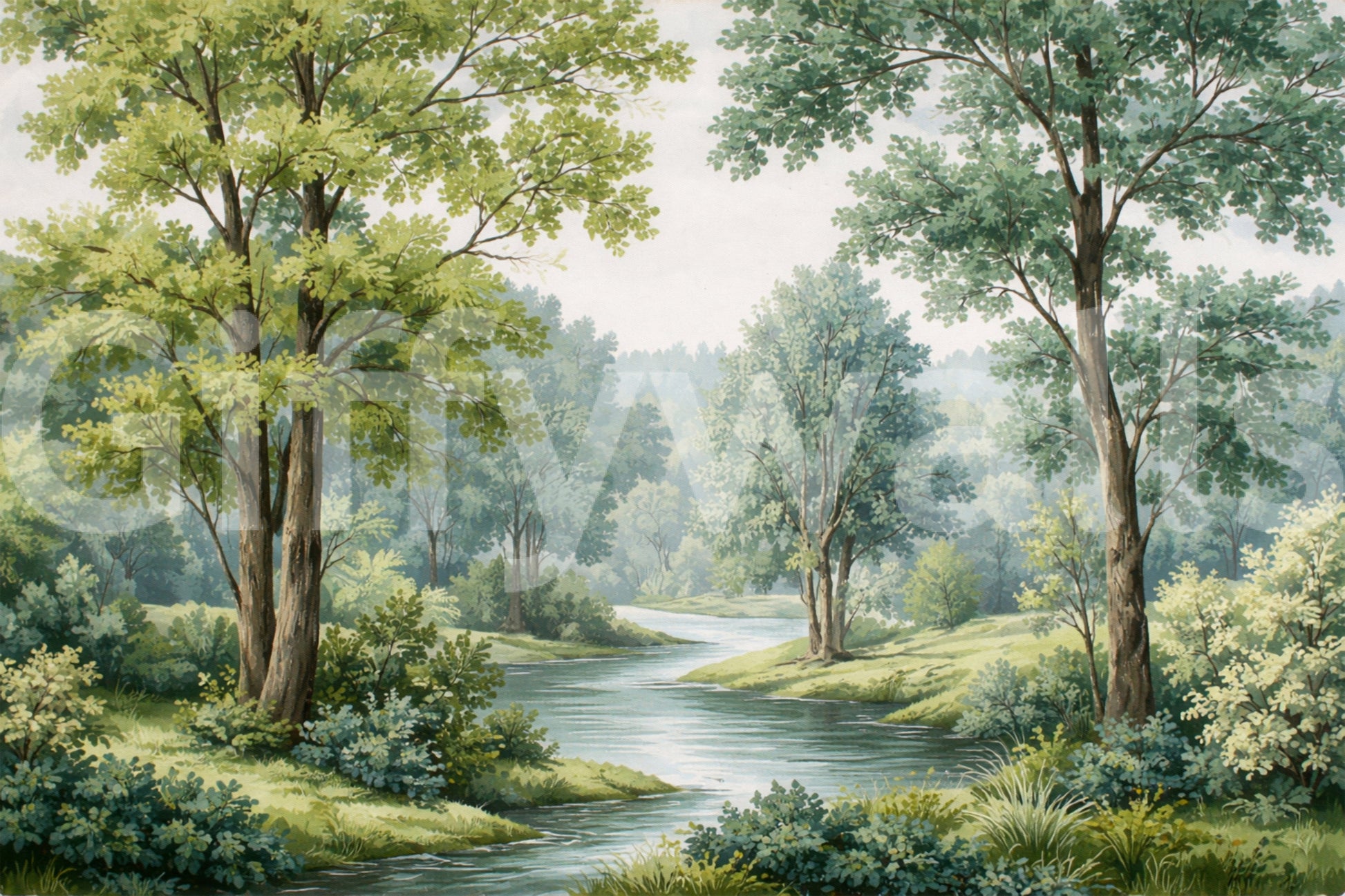 Green woodland wall mural featuring a calm river and textured tree trunks.