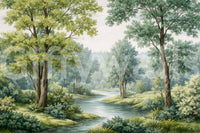 Green woodland wall mural featuring a calm river and textured tree trunks.