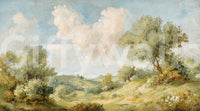 Vintage style painted landscape wall mural with hills clouds and trees., GD10024