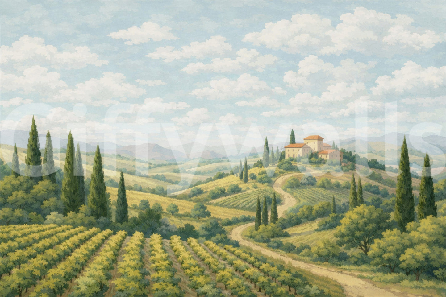 Tuscan vineyard vista wall mural with muted green and beige tones.