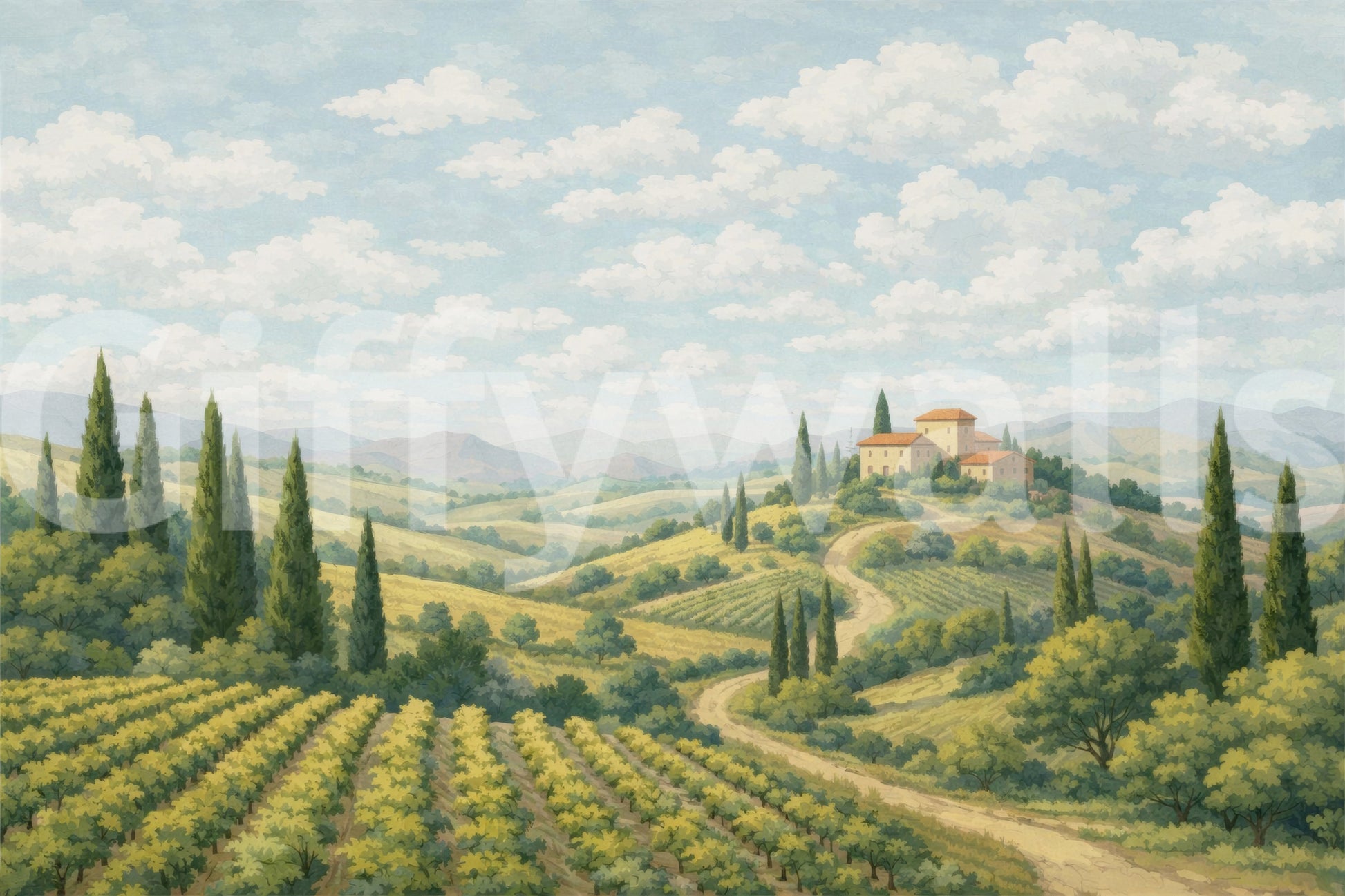 Tuscan vineyard vista wall mural with muted green and beige tones.