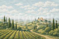 Tuscan vineyard vista wall mural with muted green and beige tones.