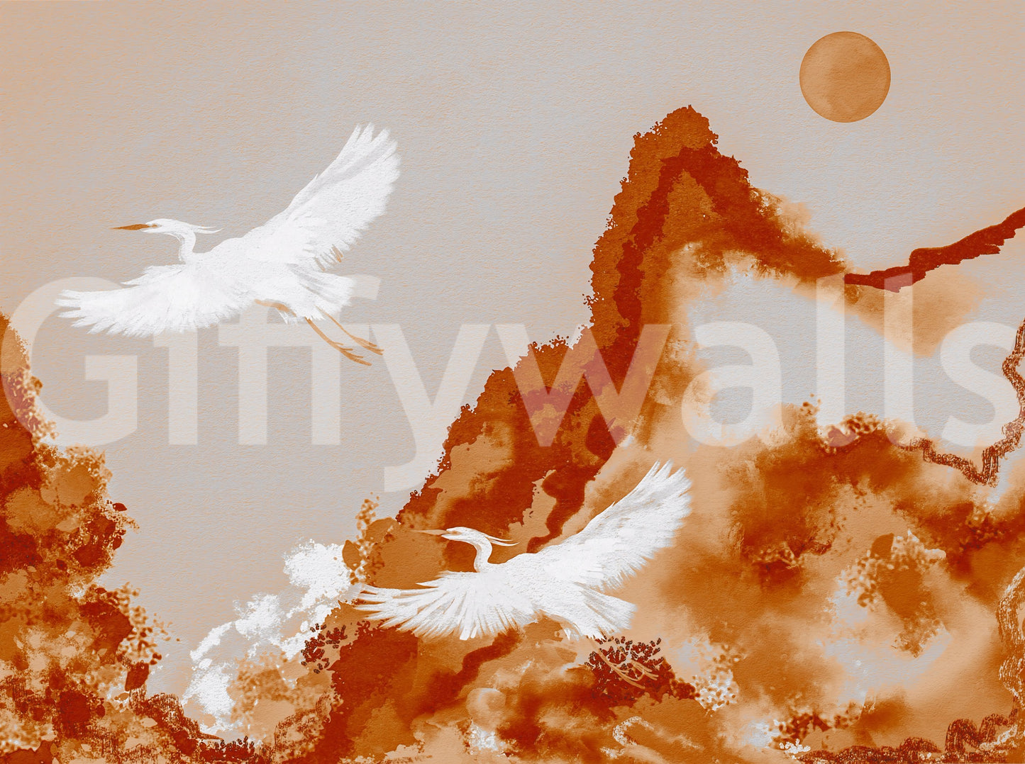 Ochre horizon cranes Joseon watercolor wall mural with sun and mountain.