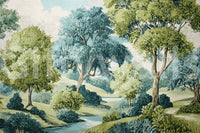 Tranquil woodland river vista wall mural base with green trees.