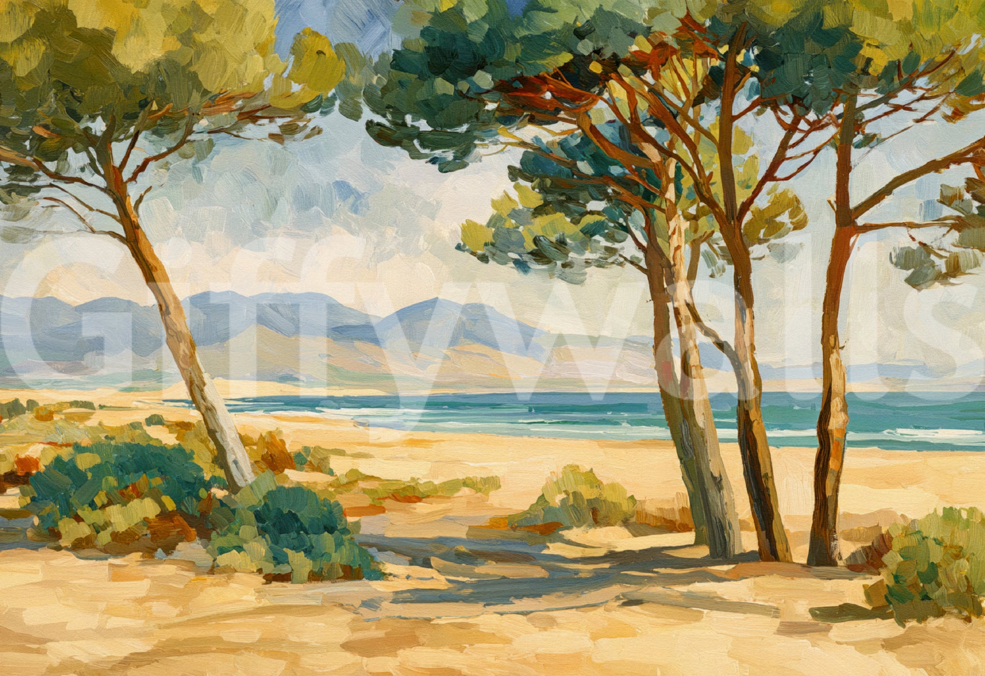 Painted coastal mural with pines, sandy shore, sea, and mountain backdrop.