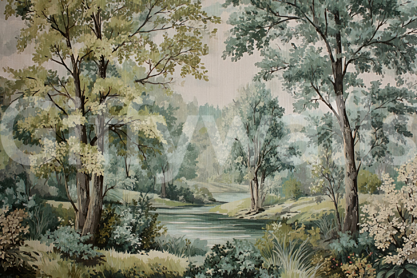 Woodland river retreat mural with painted forest and river scene.