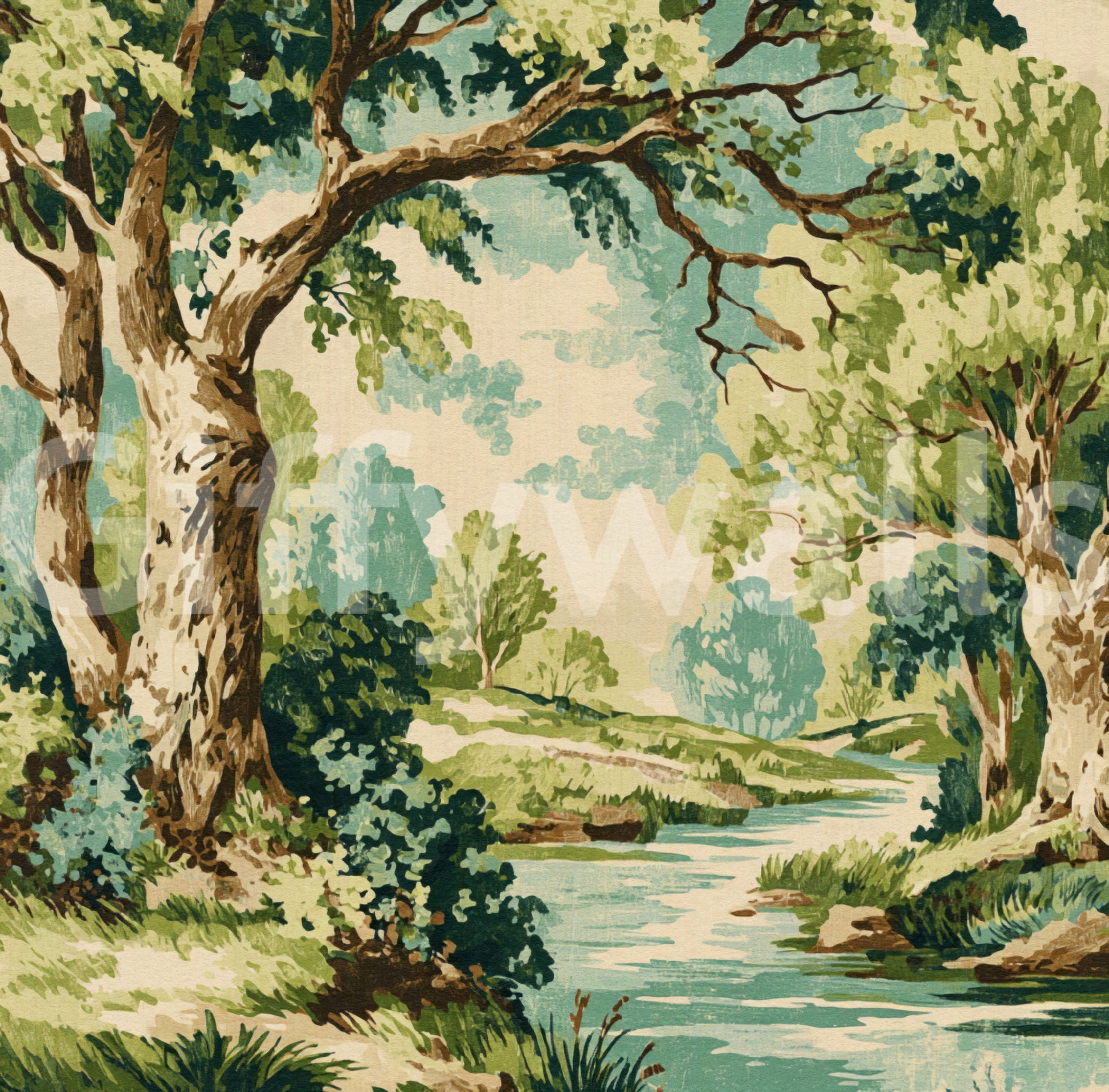 Single panoramic forest mural with layered foliage, tree trunks, and a winding stream.