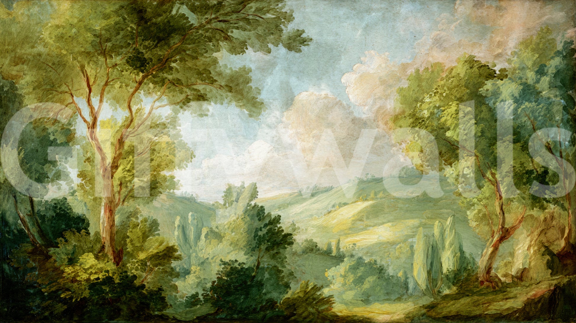 Green landscape dream wall mural with painted trees and mountains.