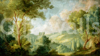 Green landscape dream wall mural with painted trees and mountains.