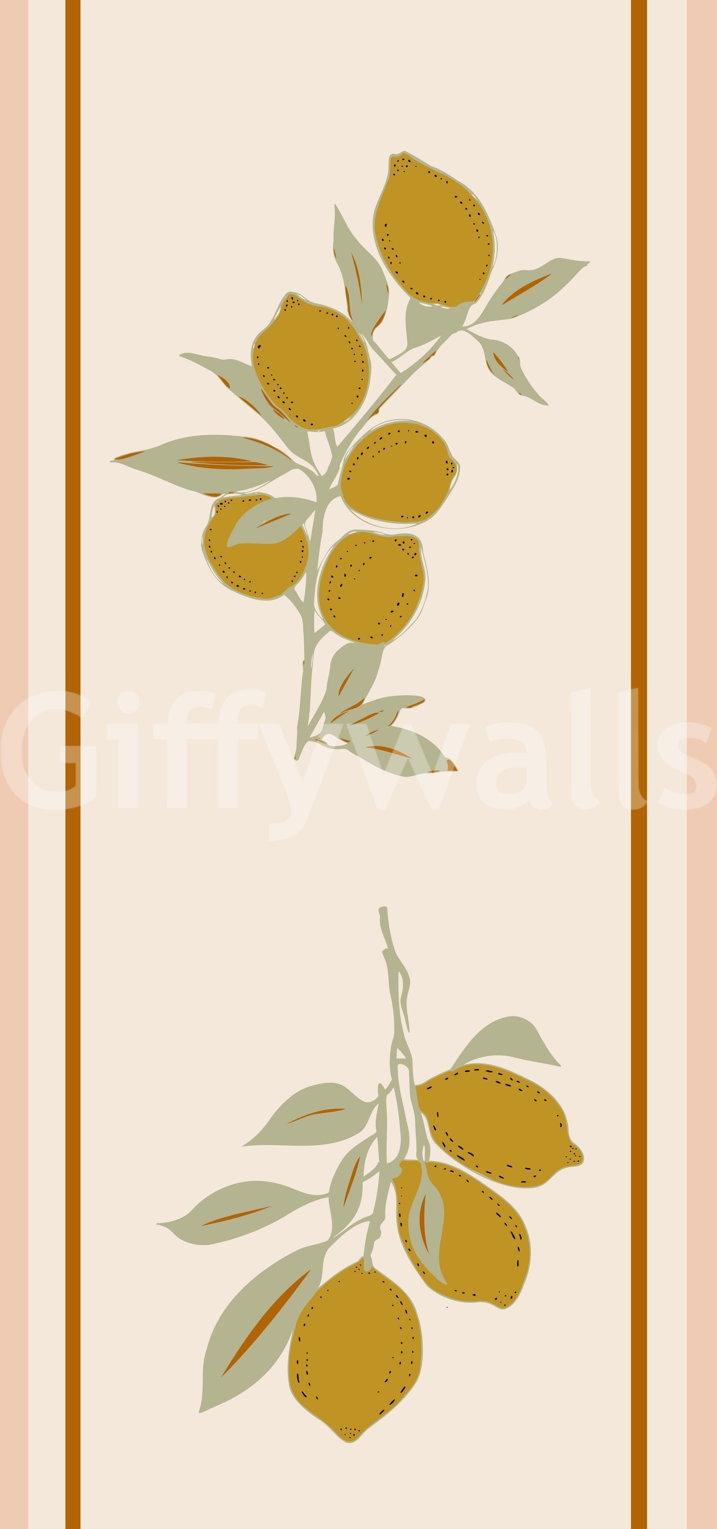 Two clusters of yellow lemons with olive leaves and rust border stripes in Olive Lemon Branch Mediterranean Style Wallpaper.