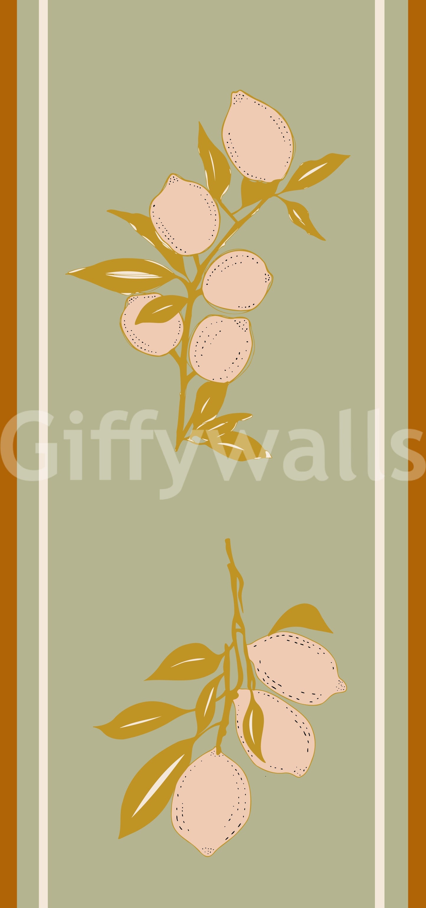 Mediterranean lemon pattern wallpaper in sage green with terracotta stripes.