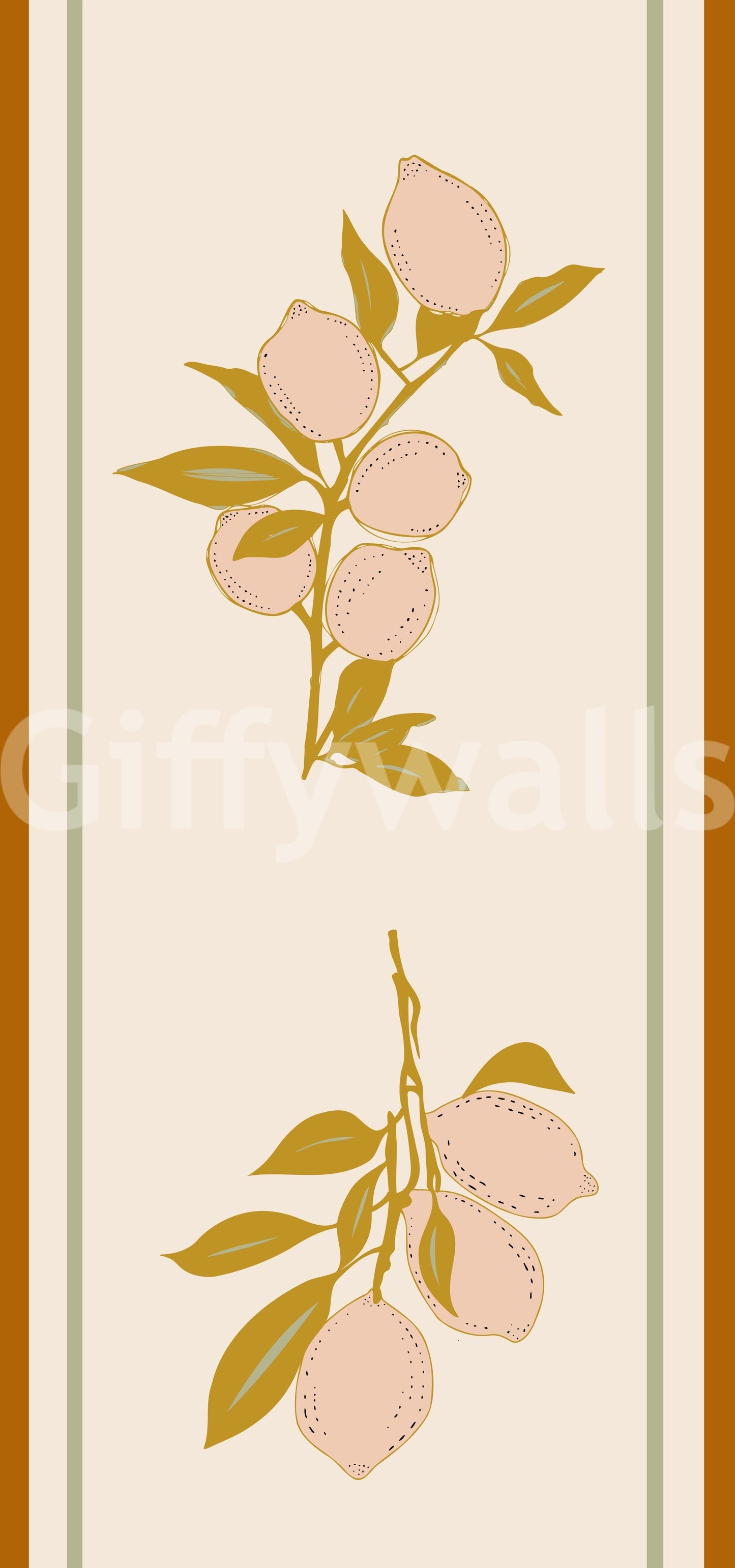 Pink Lemon Branch Wallpaper showing peach citrus and olive leaves.