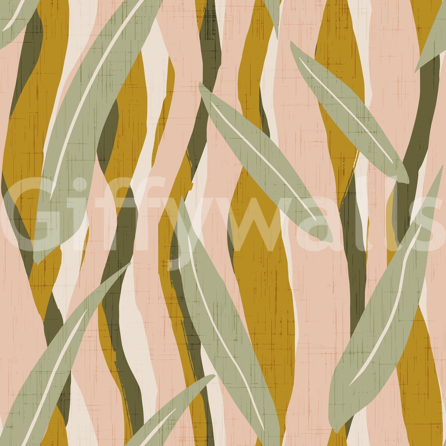 Mustard olive leaf stripe wallpaper showing the full repeat pattern, GD10037
