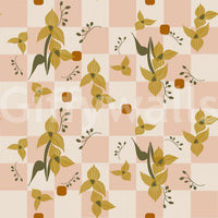 Pink and cream check wallpaper layered with ochre florals and small green leaves.
