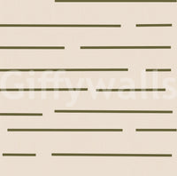 Olive green stripe wallpaper with horizontal bars on a textured beige backdrop.