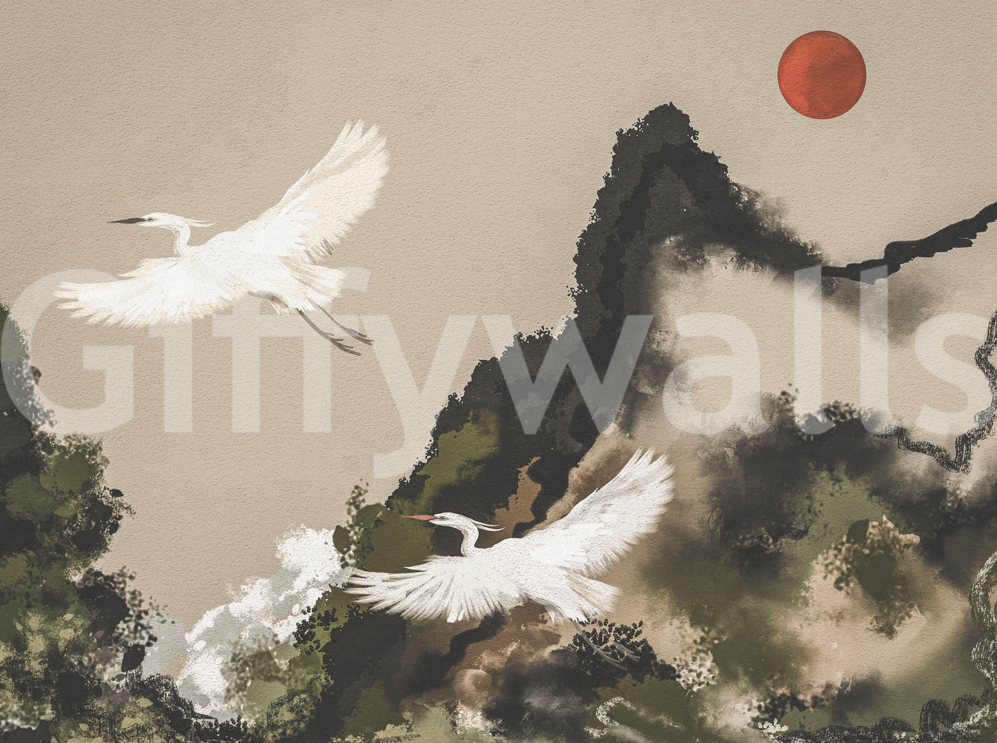 Sumi ink wash Japanese landscape mural sample with white cranes, mountains and red sun.