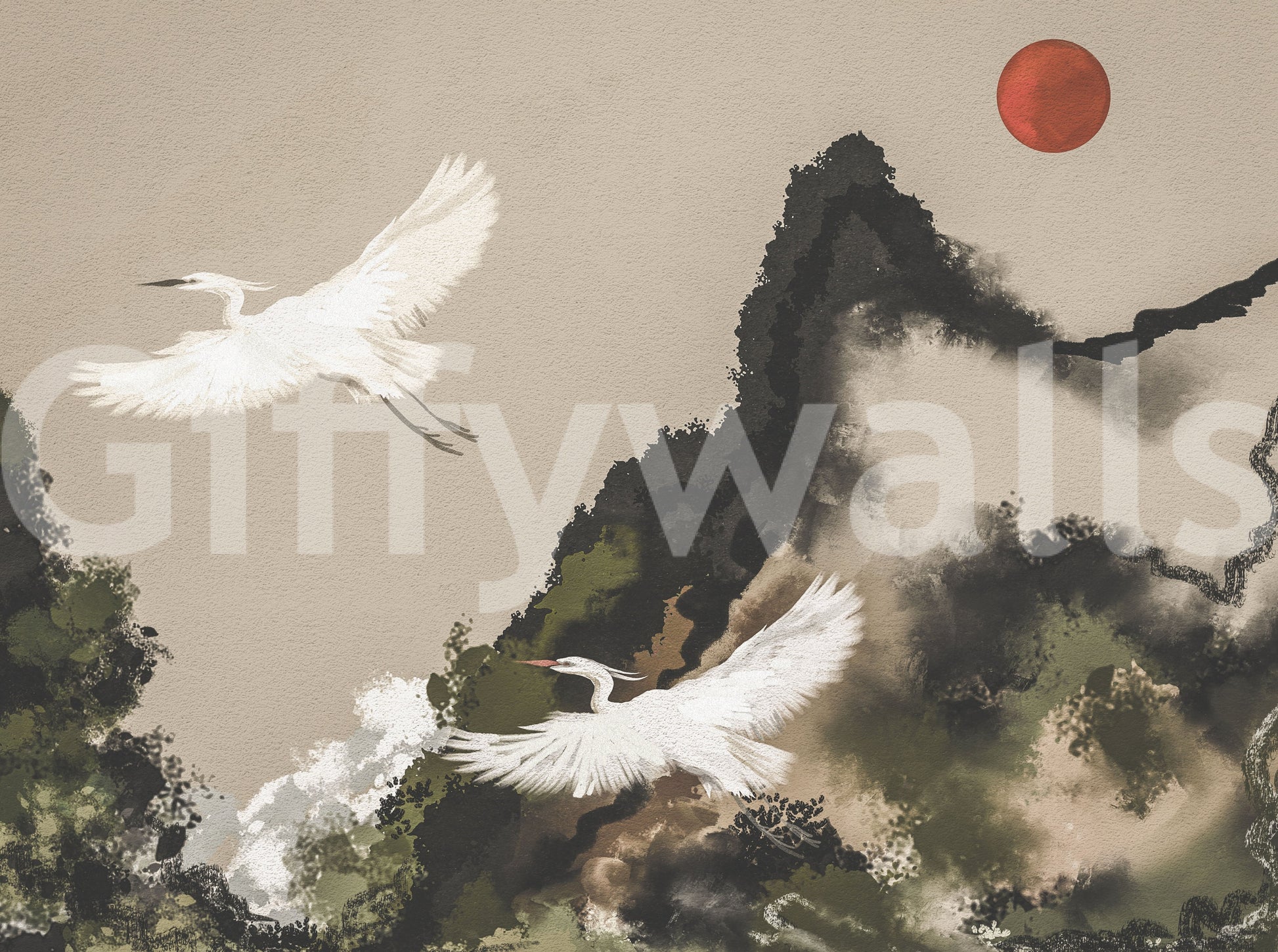 Sumi ink wash Japanese landscape mural sample with white cranes, mountains and red sun.