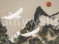 Sumi ink wash Japanese landscape mural sample with white cranes, mountains and red sun.