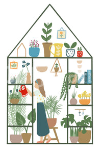 Indoor garden wall mural sample with a girl watering plants inside a house-shaped greenhouse frame. 