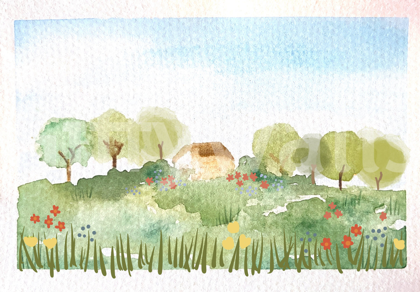 Watercolor country home wall mural swatch with cottage, trees, and meadow scene. 