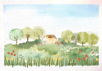 Watercolor country home wall mural swatch with cottage, trees, and meadow scene. 