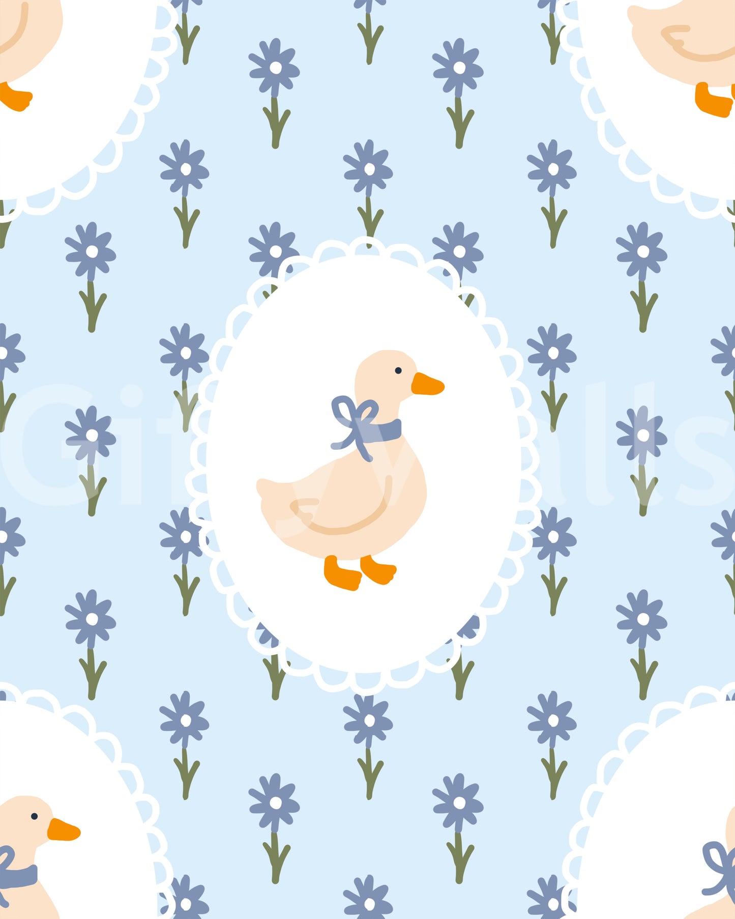 Goose Cottage Floral Wallpaper swatch with cream goose blue ribbon and periwinkle daisies.