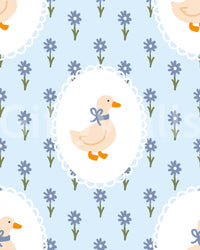 Goose Cottage Floral Wallpaper swatch with cream goose blue ribbon and periwinkle daisies.