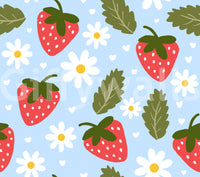 Sweet Berry Bloom Wallpaper with red strawberries and daisies on pastel blue