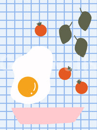Illustrated food art mural in flat colour style with bright yolk and sage green herb shapes. 